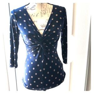 Velvet Navy Blue Polka Dot V-neck 3/4 Sleeve Top S
